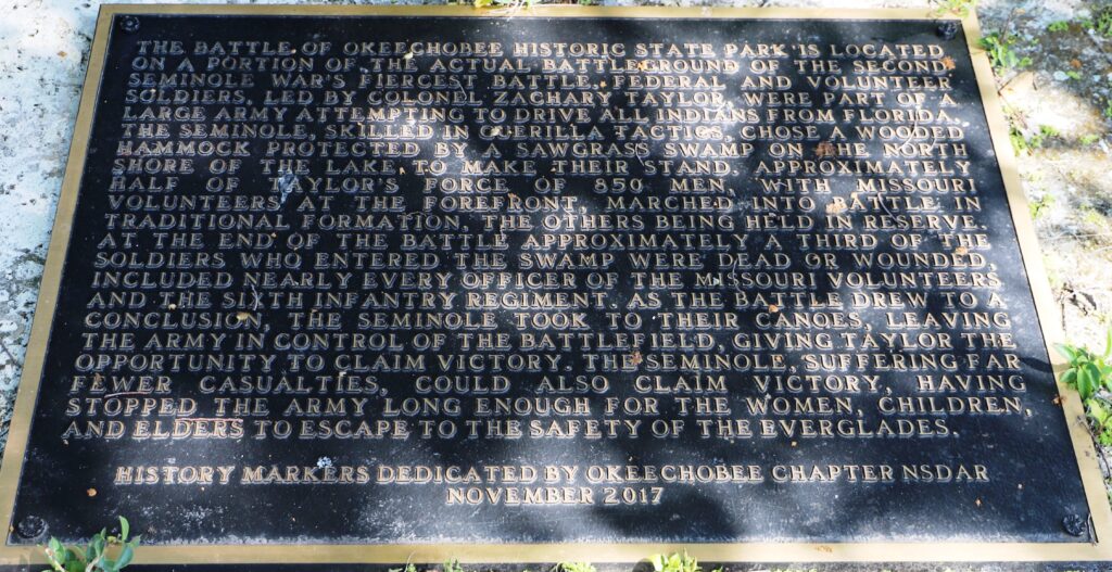 THE BATTLE OF OKEECHOBEE HISTORIC STATE PARK MEMORIAL PLAQUE A