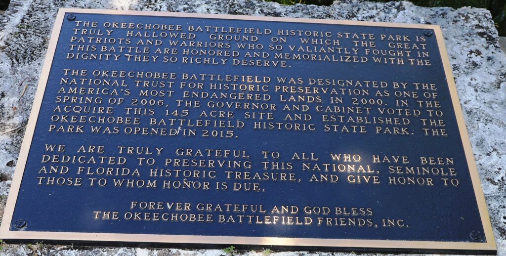 THE BATTLE OF OKEECHOBEE HISTORIC STATE PARK MEMORIAL PLAQUE B