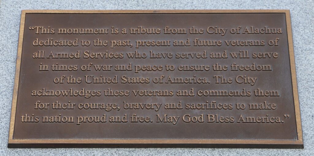CITY OF ALACHUA VETERANS MEMORIAL PLAQUE