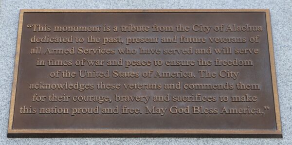 CITY OF ALACHUA VETERANS MEMORIAL PLAQUE