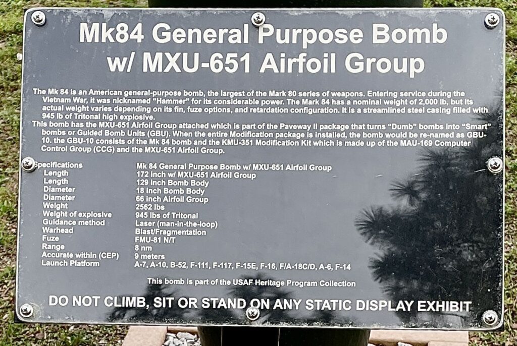 MK84 GENERAL PURPOSE BOMB MEMORIAL PLAQUE