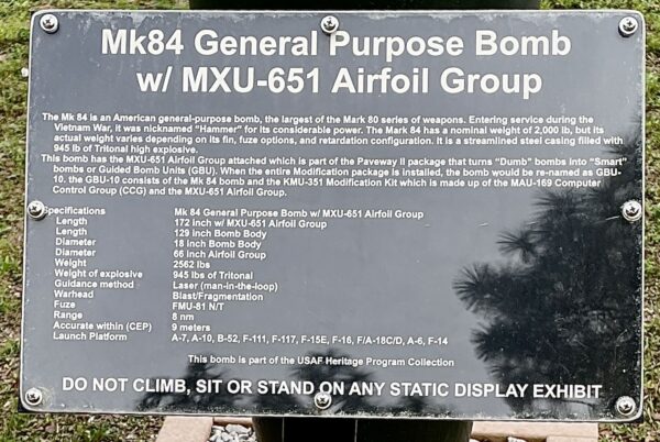 MK84 GENERAL PURPOSE BOMB MEMORIAL PLAQUE