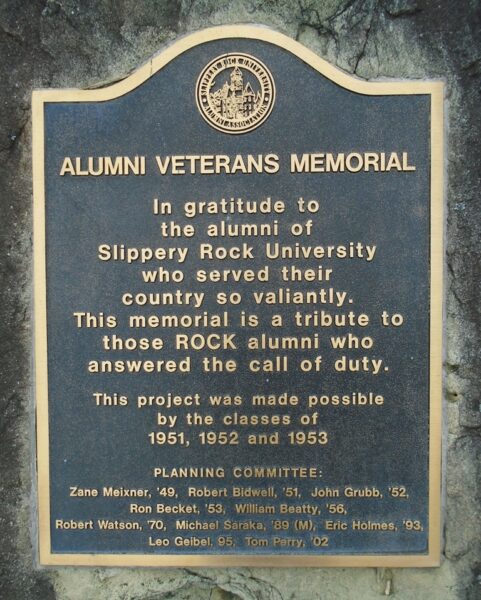 SLIPPERY ROCK UNIVERSITY ALUMNI VETERANS MEMORIAL PLAQUE