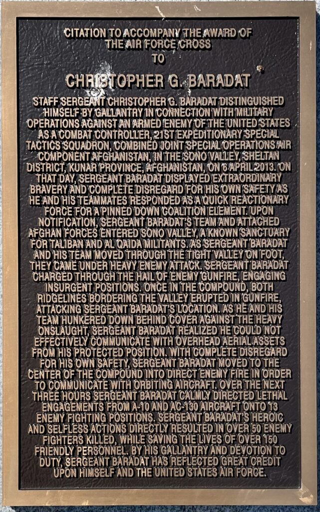 CHRISTOPHER G. BARADAT AIR FORCE CROSS CITATION MEMORIAL PLAQUE