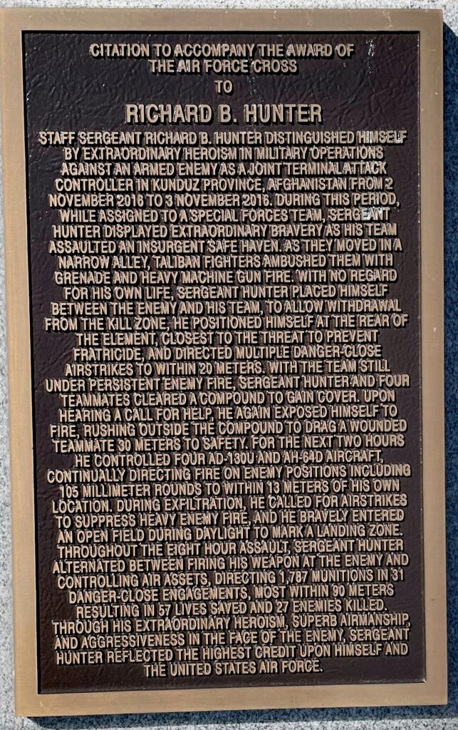 RICHARD B. HUNTER AIR FORCE CROSS CITATION MEMORIAL PLAQUE