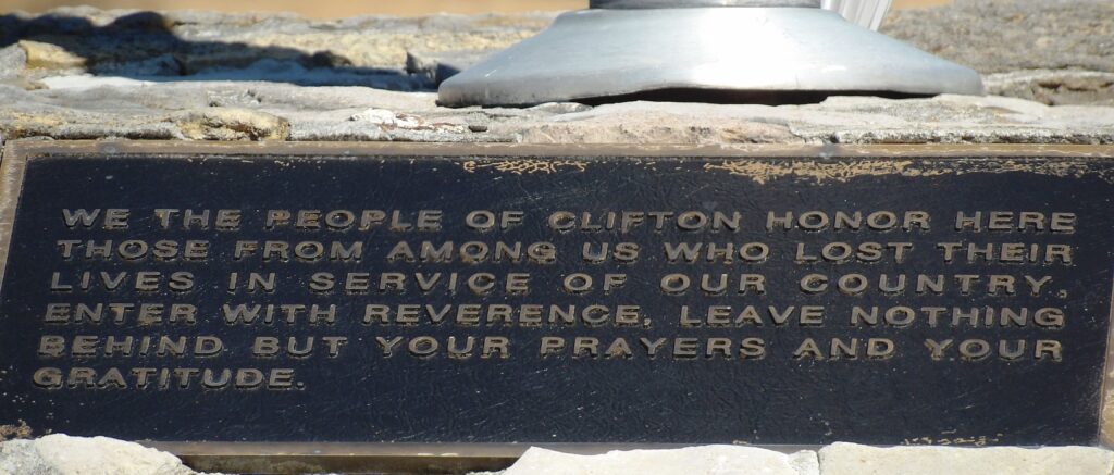 CLIFTON WAR VETERANS MEMORIAL FLAGPOLE PLAQUE