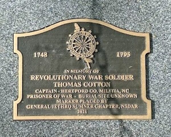 IN MEMORY OF REVOLUTIONARY WAR SOLDIER THOMAS COTTON MEMORIAL PLAQUE