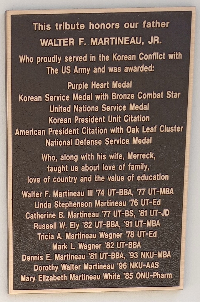 WALTER F. MARTINEAU, JR. WAR MEMORIAL PLAQUE