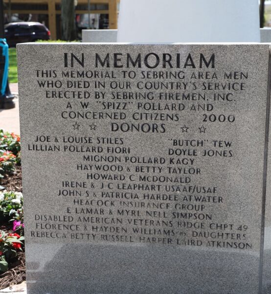 MEMORIAL TO SEBRNG AREA MEN WHO DIED IN OUR COUNTRY’S SERVICE STONE A