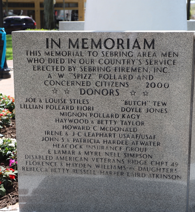 MEMORIAL TO SEBRNG AREA MEN WHO DIED IN OUR COUNTRY’S SERVICE STONE A