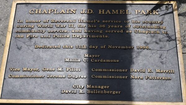 CHAPLAIN J.D. HAMEL PARK MEMORIAL PLAQUE