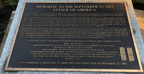 MEMORIAL TO THE SEPTEMBER 11, 2001 ATTACK ON AMERICA PLAQUE