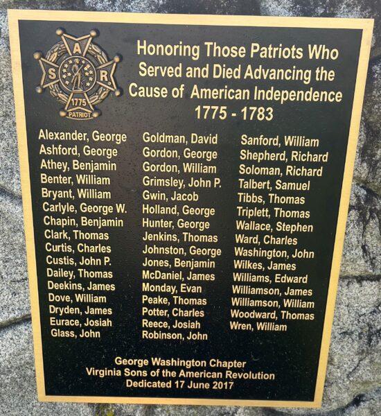 FAIRFAX REVOLUTIONARY WAR PATRIOTS MEMORIAL PLAQUE