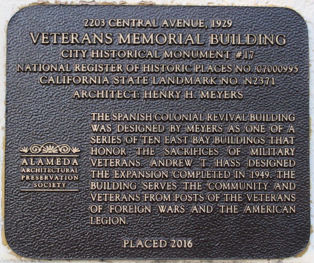 ALAMEDA VETERANS MEMORIAL BUILDING PLAQUE