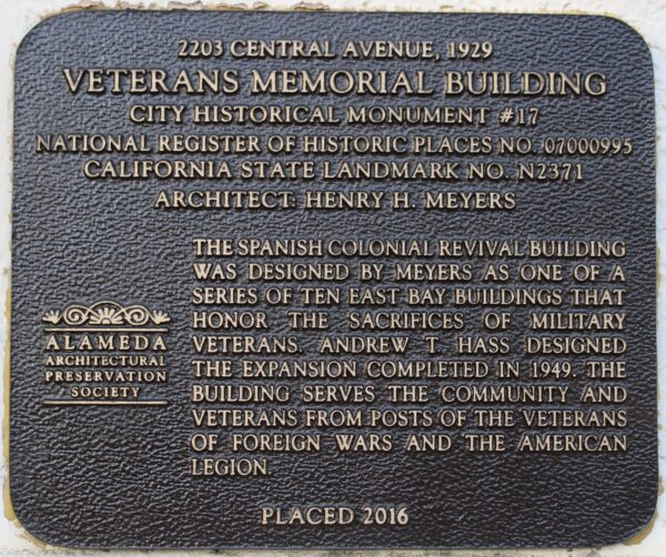 ALAMEDA VETERANS MEMORIAL BUILDING PLAQUE