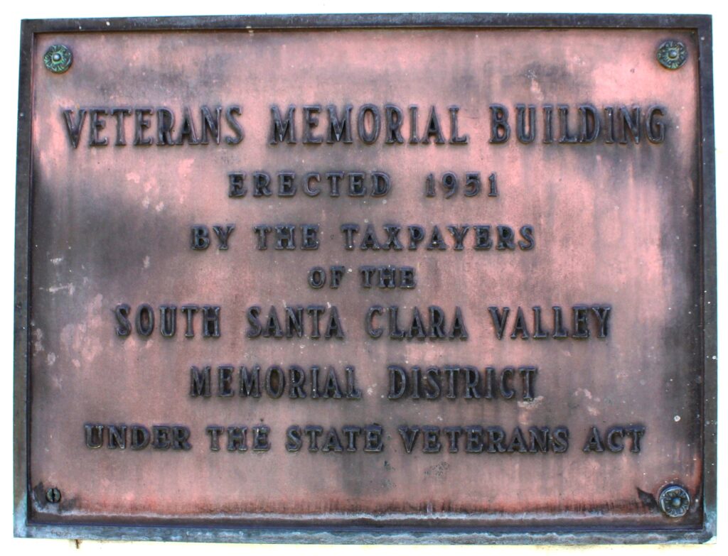 GILROY VETERANS MEMORIAL BUILDING PLAQUE