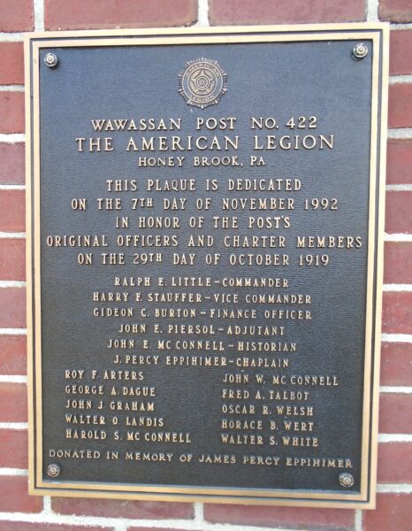 WAWASSAN AMERICAN LEGION POST NO. 422 ORIGINAL OFFICERS AND CHARTER MEMBERS MEMORIAL PLAQUE
