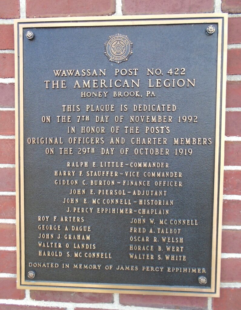 WAWASSAN AMERICAN LEGION POST NO. 422 ORIGINAL OFFICERS AND CHARTER MEMBERS MEMORIAL PLAQUE