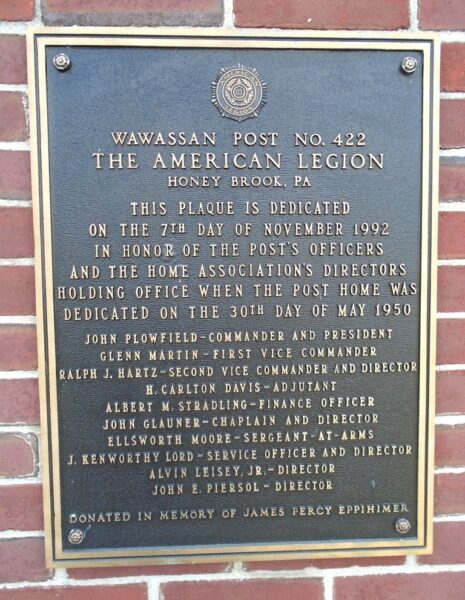 WAWASSAN AMERICAN LEGION POST NO. 422 ORIGINAL OFFICERS AND DIRECTORS MEMORIAL PLAQUE
