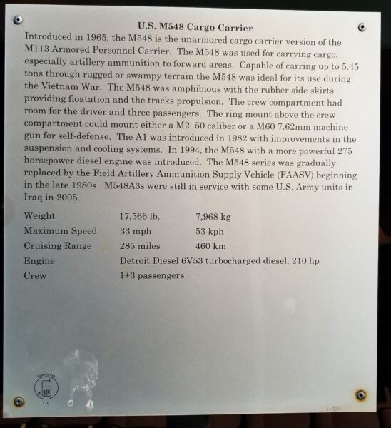 U.S. M548 CARGO CARRIER MEMORIAL PLAQUE