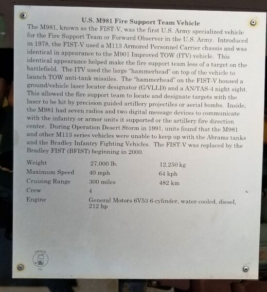 U.S. M981 FIRE SUPPORT TEAM VEHICLE MEMORIAL PLAQUE