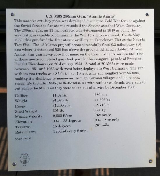 U.S. M65 280MM GUN, “ATOMIC ANNIE” MEMORIAL PLAQUE