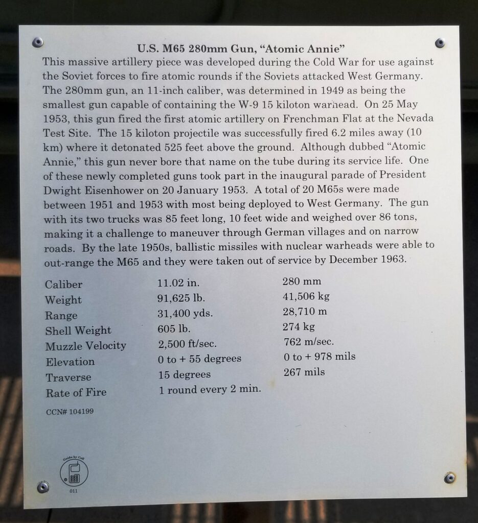 U.S. M65 280MM GUN, “ATOMIC ANNIE” MEMORIAL PLAQUE