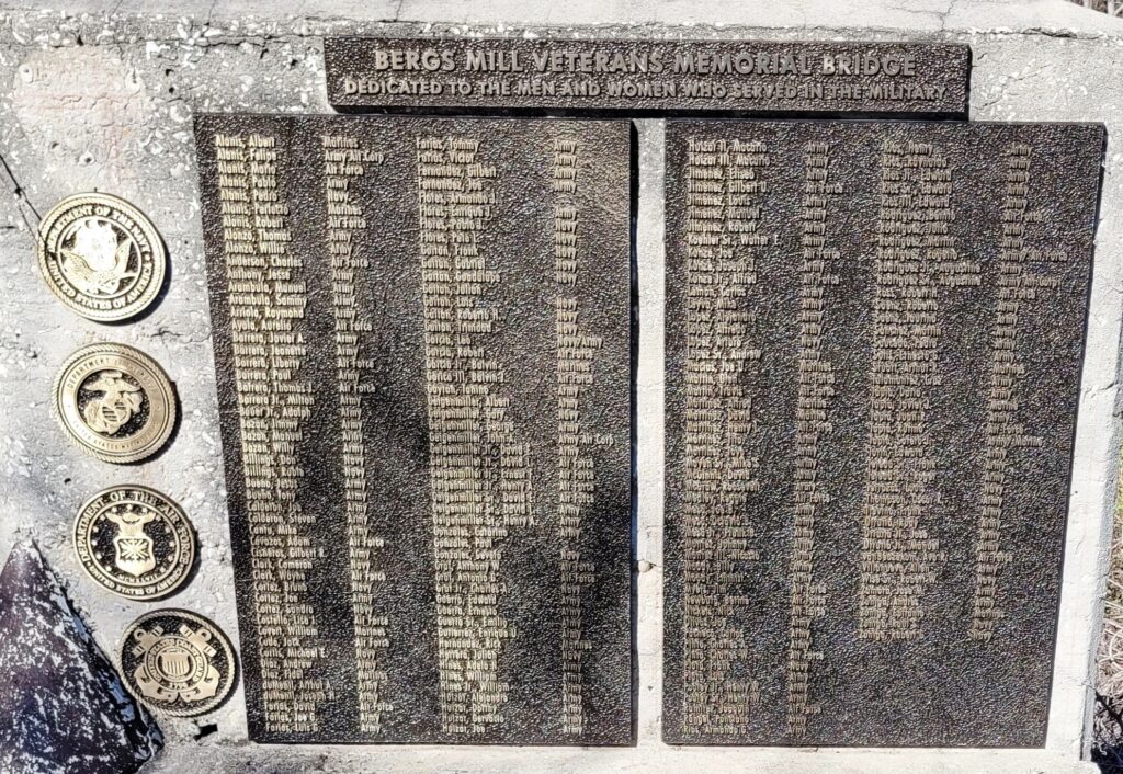 BERGS MILL VETERANS MEMORIAL BRIDGE PLAQUE