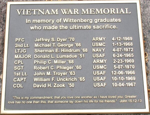 WITTENBERG GRADUATES VIETNAM WAR MEMORIAL PLAQUE