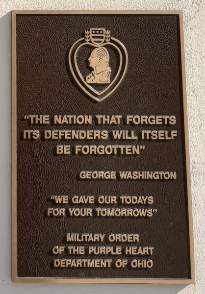 MIITARY ORDER OF THE PURPLE HEART DEPARTMENT OF OHIO WAR MEMORIAL PLAQUE