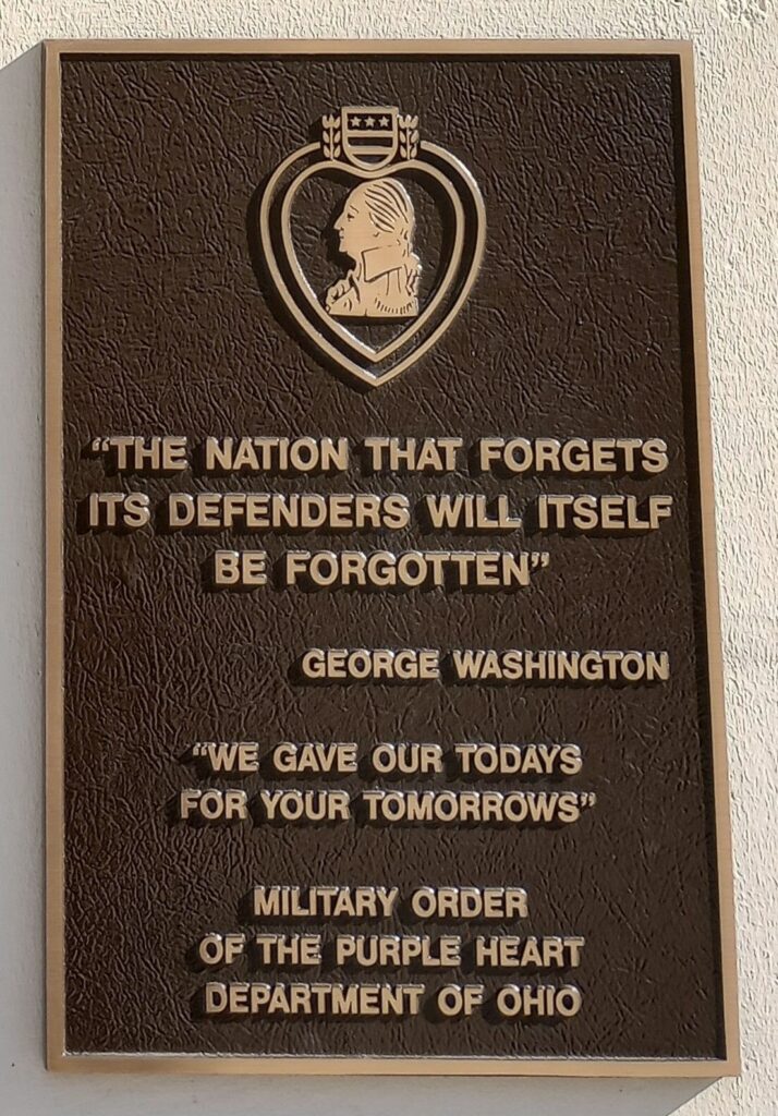 MIITARY ORDER OF THE PURPLE HEART DEPARTMENT OF OHIO WAR MEMORIAL PLAQUE