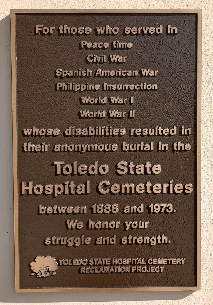 TOLEDO STATE HOSPITAL CEMETERIES WAR MEMORIAL PLAQUE