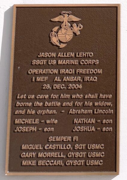JASON ALLEN LEHTO WAR MEMORIAL PLAQUE