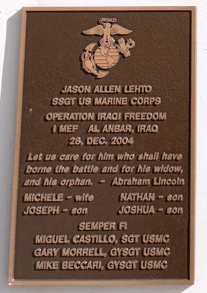 JASON ALLEN LEHTO WAR MEMORIAL PLAQUE