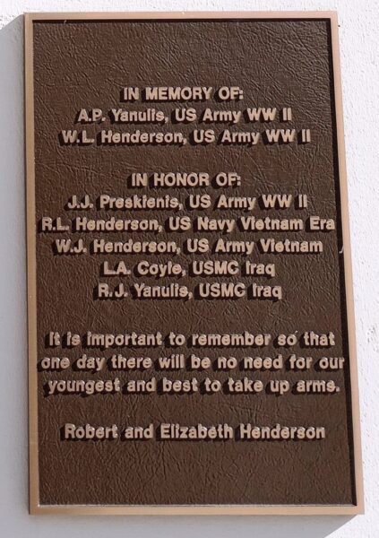 IN MEMORY OF AND IN HONOR OF WAR MEMORIAL PLAQUE