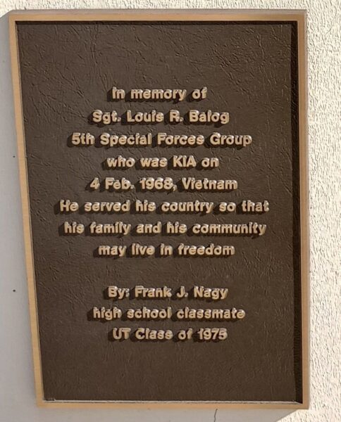 SGT. LOUIS R. BALOG WAR MEMORIAL PLAQUE