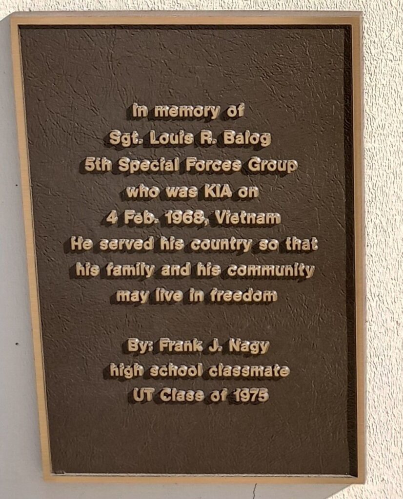 SGT. LOUIS R. BALOG WAR MEMORIAL PLAQUE