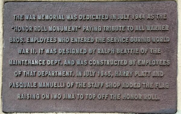 WARNER BROS. WAR MEMORIAL PLAQUE B