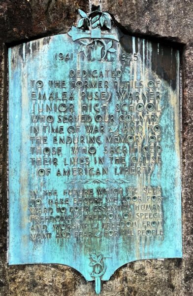 EMALEA PUSEY WARNER JUNIOR HIGH SCHOOL WORLD WAR II MEMORIAL PLAQUE