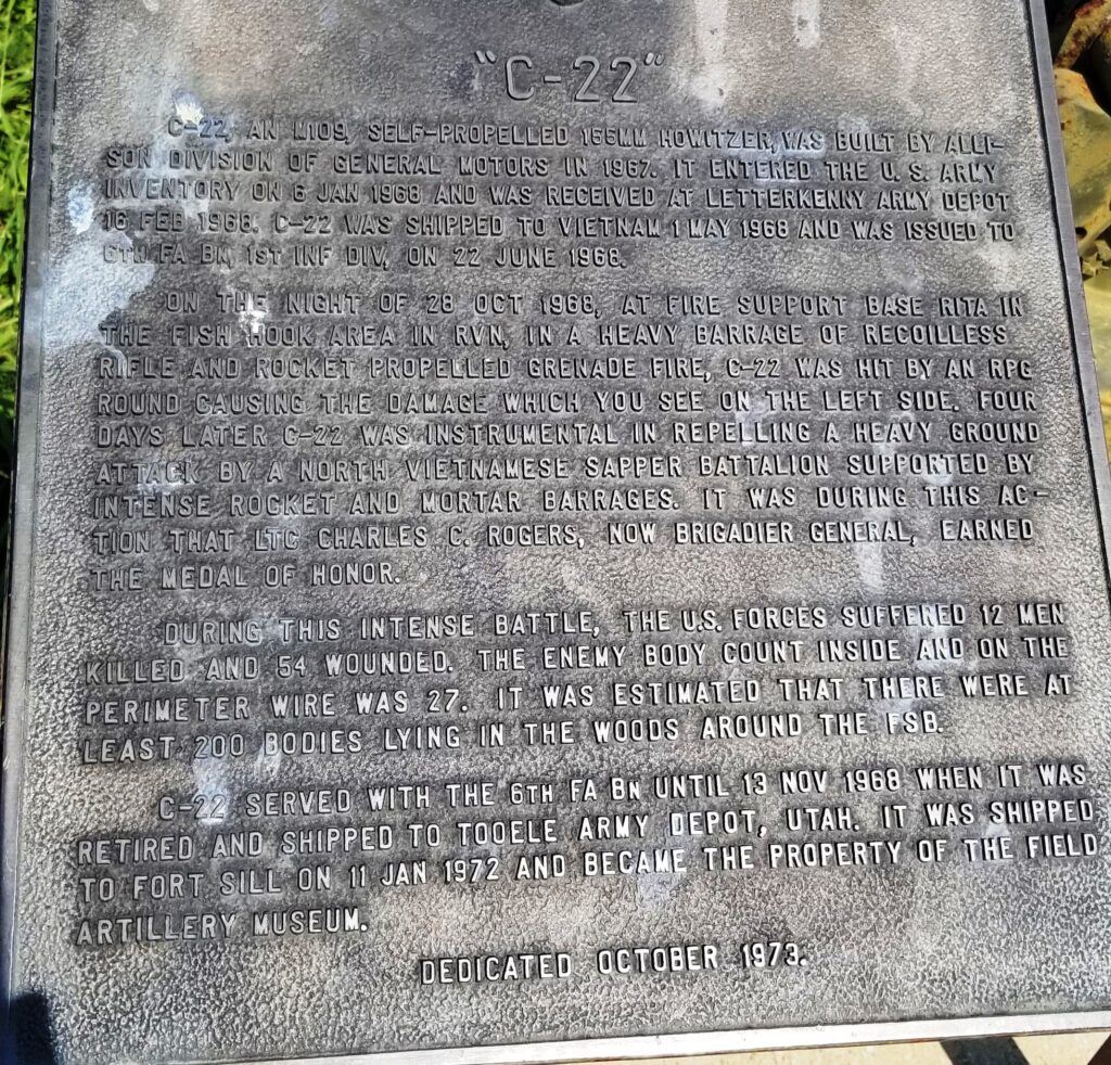 “C-22” M109, SELF-PROPELLED 155MM HOWITZER WAR MEMORIAL PLAQUE