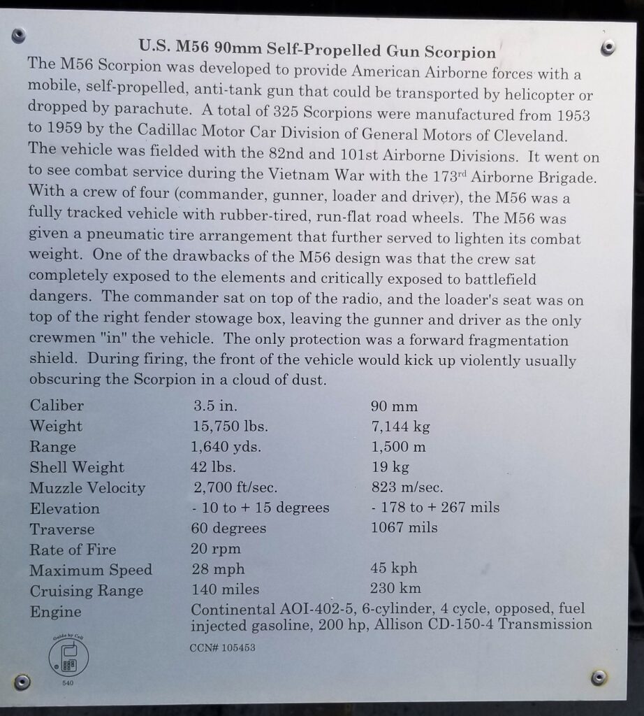 U.S. M56 90MM SELF-PROPELLED GUN SCORPION MEMORIAL PLAQUE