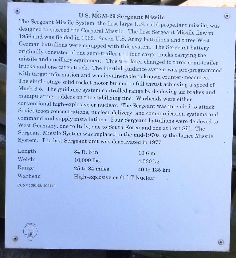 U.S. MGM-29 SERGEANT MISSILE MEMORIAL PLAQUE