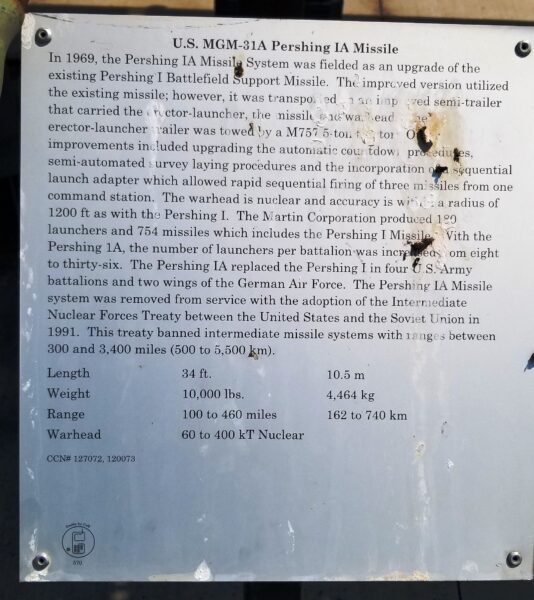 U.S. MGM-31A PERSHING IA MISSILE MEMORIAL PLAQUE