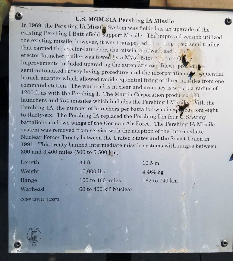 U.S. MGM-31A PERSHING IA MISSILE MEMORIAL PLAQUE