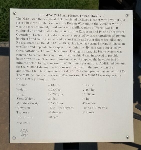 U.S. M2A1/M101A1 105MM TOWED HOWITZER MEMORIAL PLAQUE