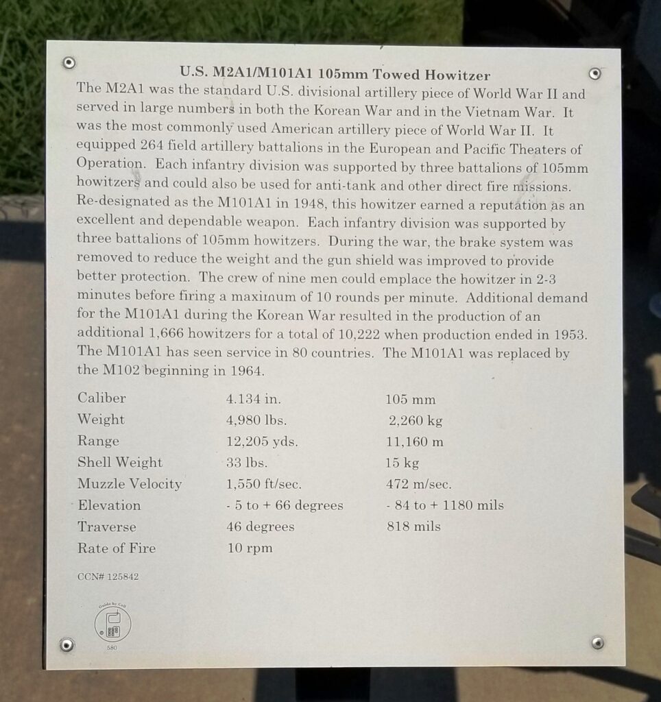 U.S. M2A1/M101A1 105MM TOWED HOWITZER MEMORIAL PLAQUE