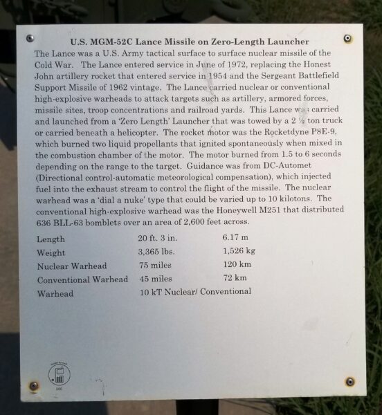 U.S. MGM-52C LANCE MISSILE ON ZERO-LENGTH LAUNCHER MEMORIAL PLAQUE
