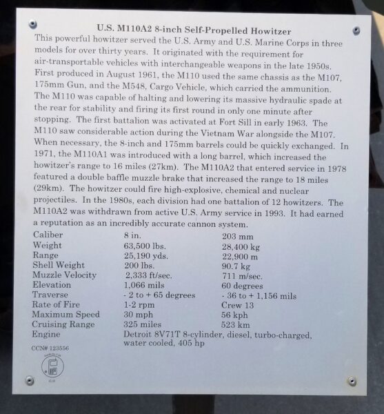 U.S. M110A2 8-INCH SELF-PROPELLED HOWITZER MEMORIAL PLAQUE