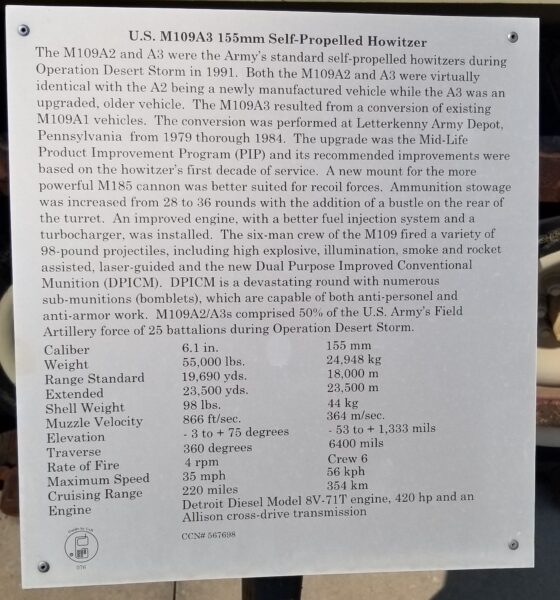 U.S. M109A3 155MM SELF-PROPELLED HOWITZER MEMORIAL PLAQUE