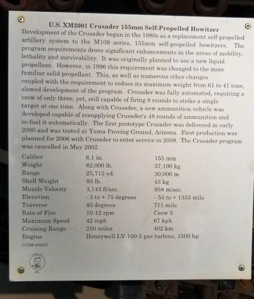 U.S. XM2001 CRUSADER 155MM SELF-PROPELLED HOWITZER MEMORIAL PLAQUE